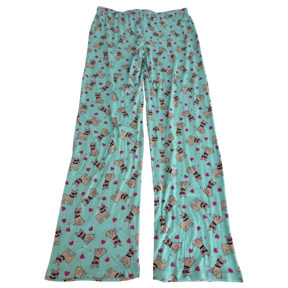 P.J. Salvage French Bulldog Hearts Pajama Lounge Pants Aqua Pink NWT Size Large